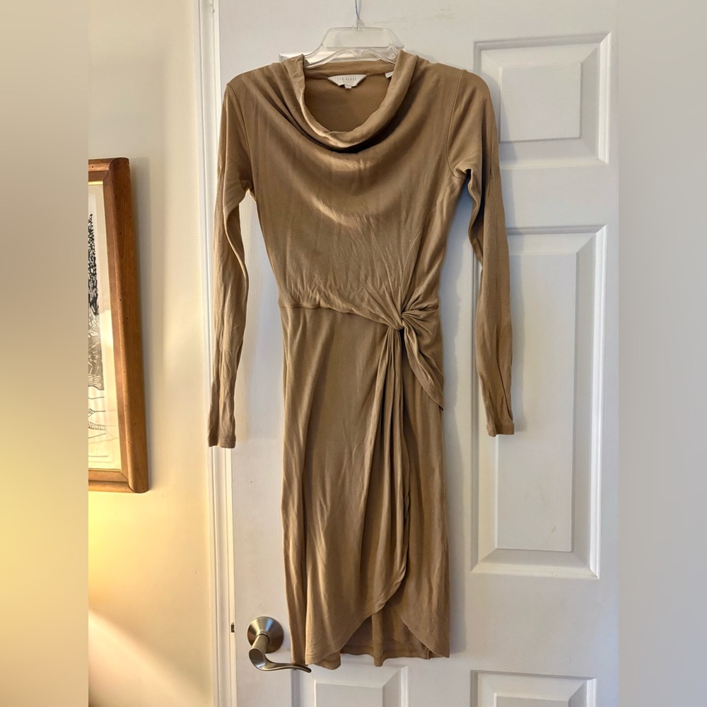 Ted Baker Tan Midi Faux Wrap/Twist Waist Cowl Neck Dress Size 0